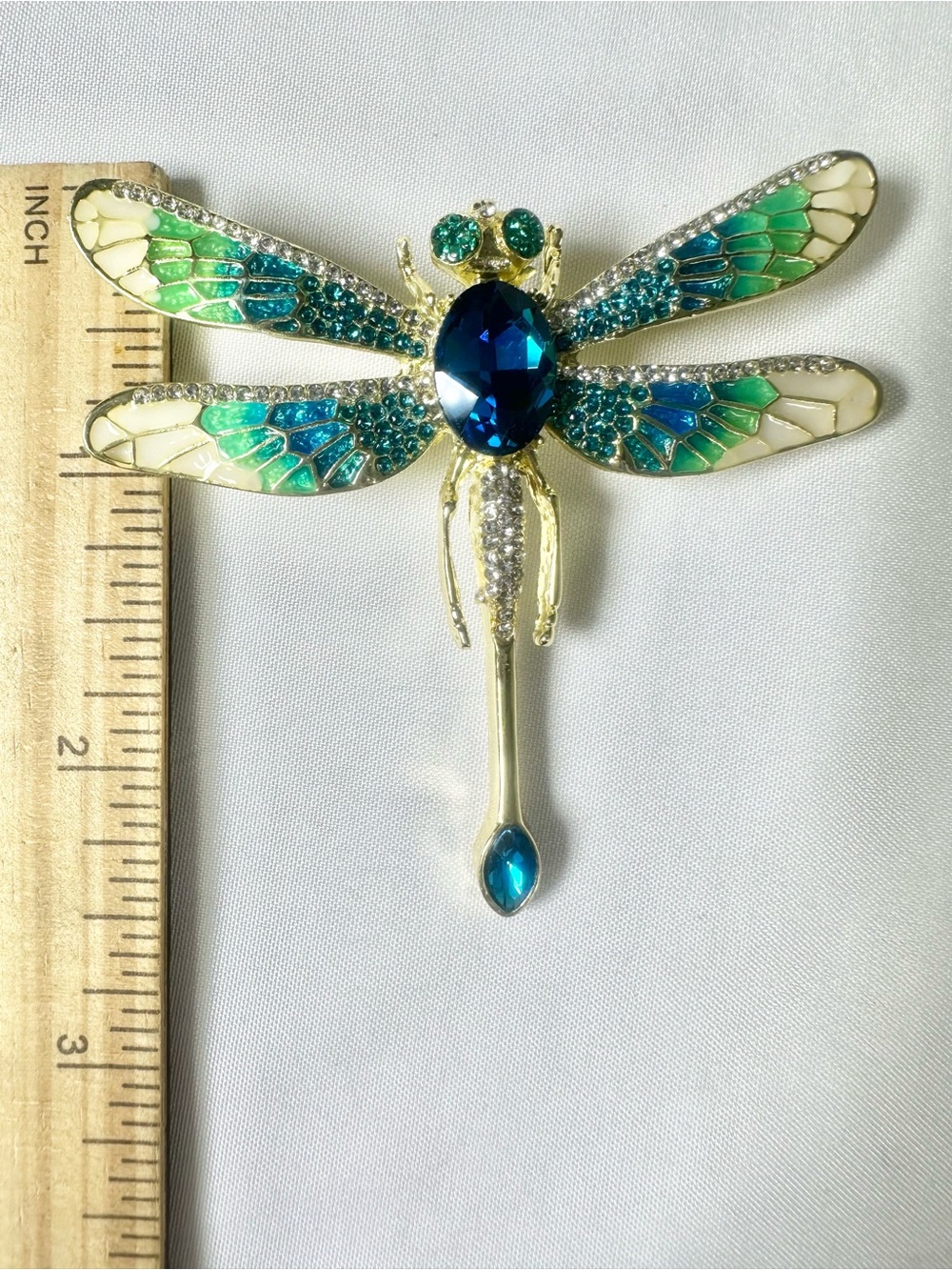 Emerald & Sapphire Dragonfly Brooch - Blue Green Crystal Accent - Picture 3 of 3
